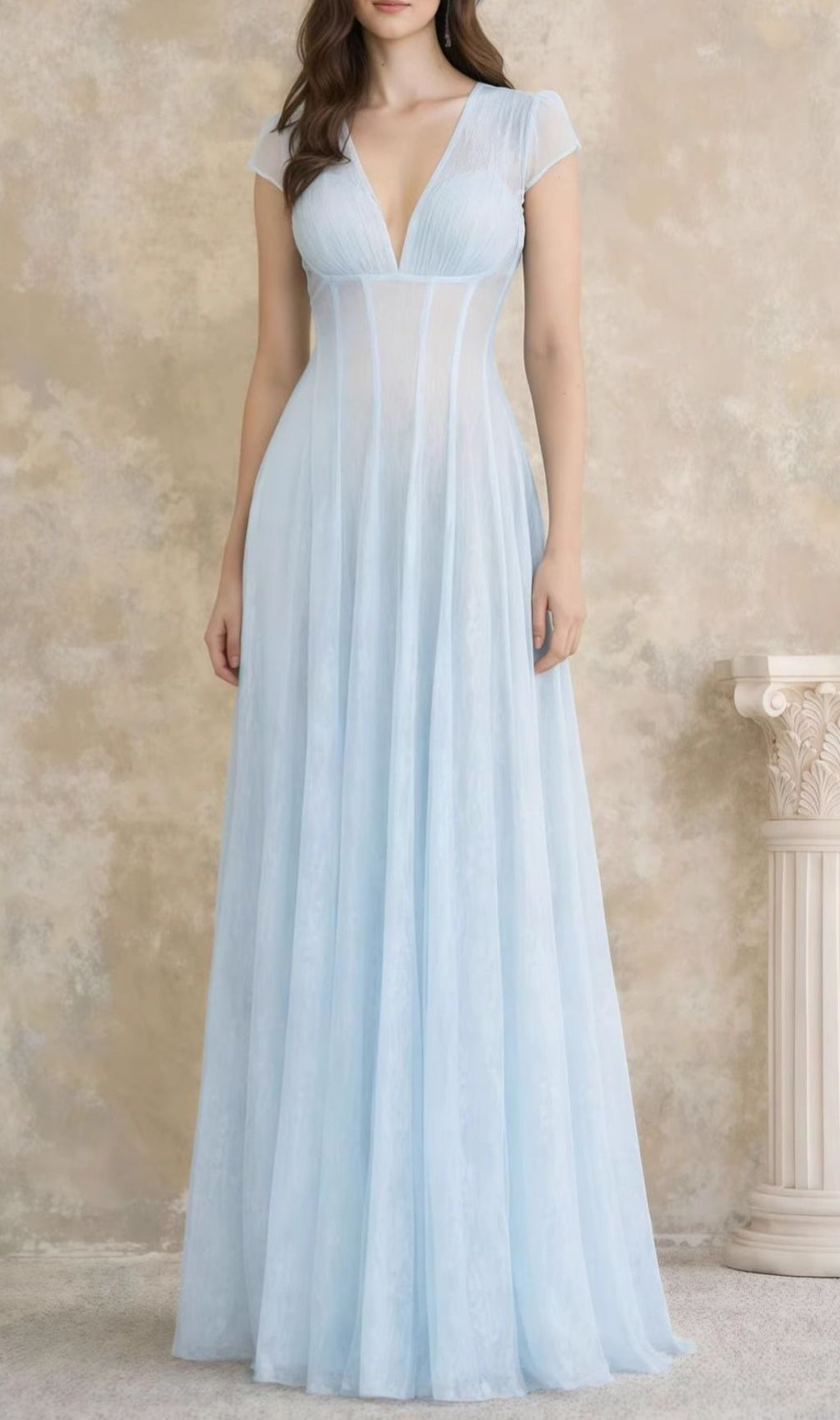 Kelsey Ethereal Sky Blue V-Neck Mesh Maxi Gown