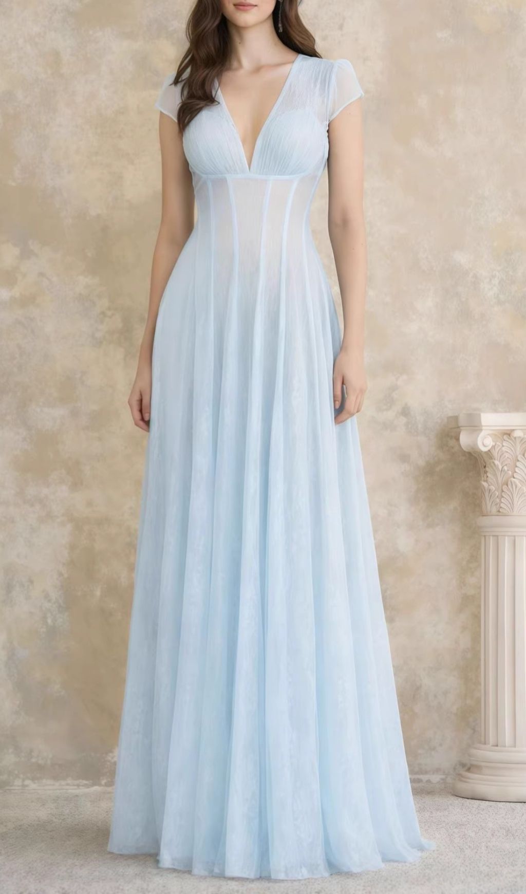 Kelsey Ethereal Sky Blue V-Neck Mesh Maxi Gown