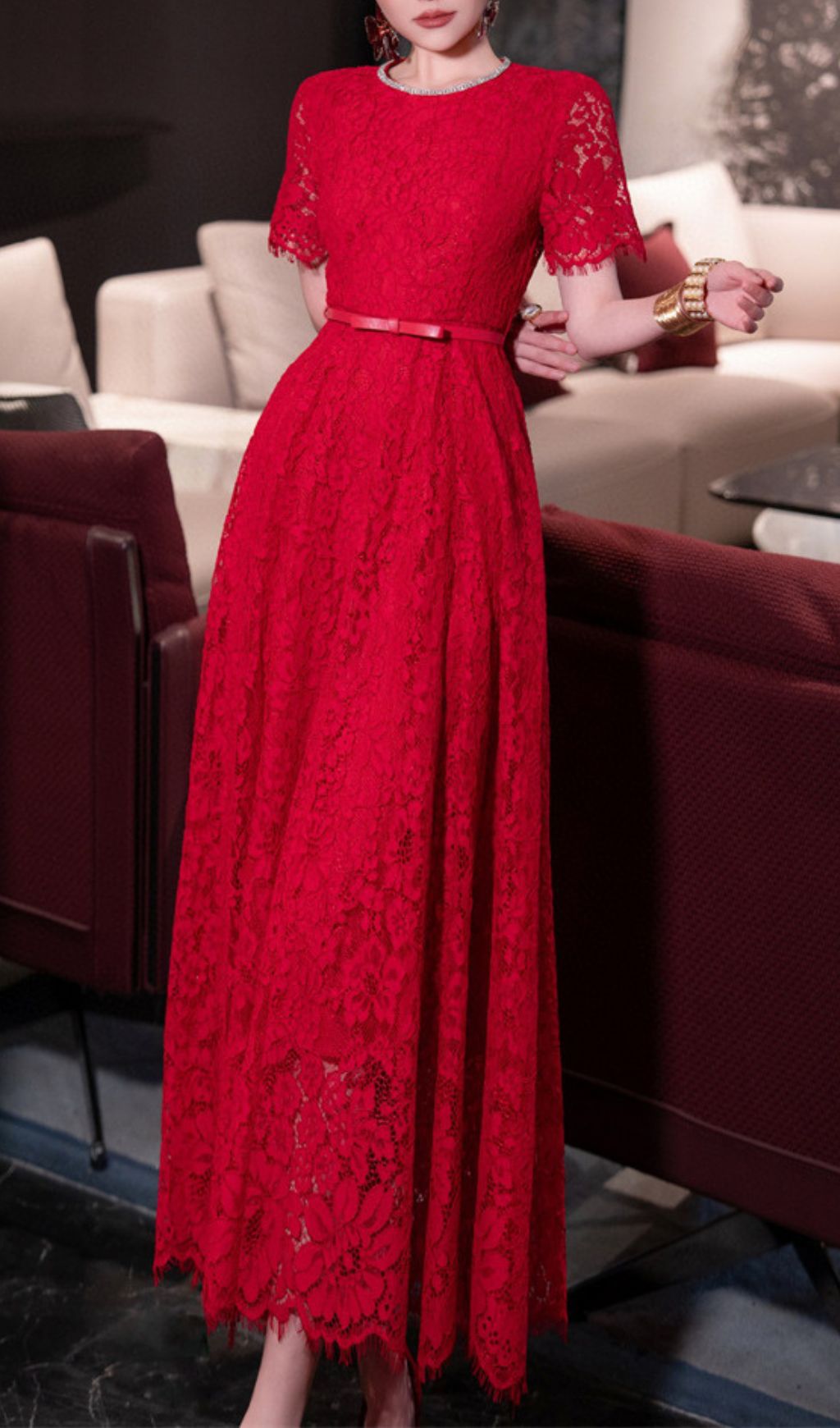 Hilary Red Lace Midi Dress