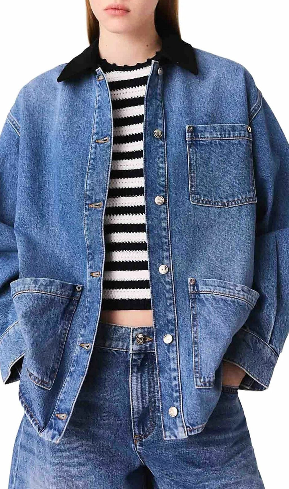 Effortless Chic: Women's Oversized Faded Denim Jacket with Corduroy Collar