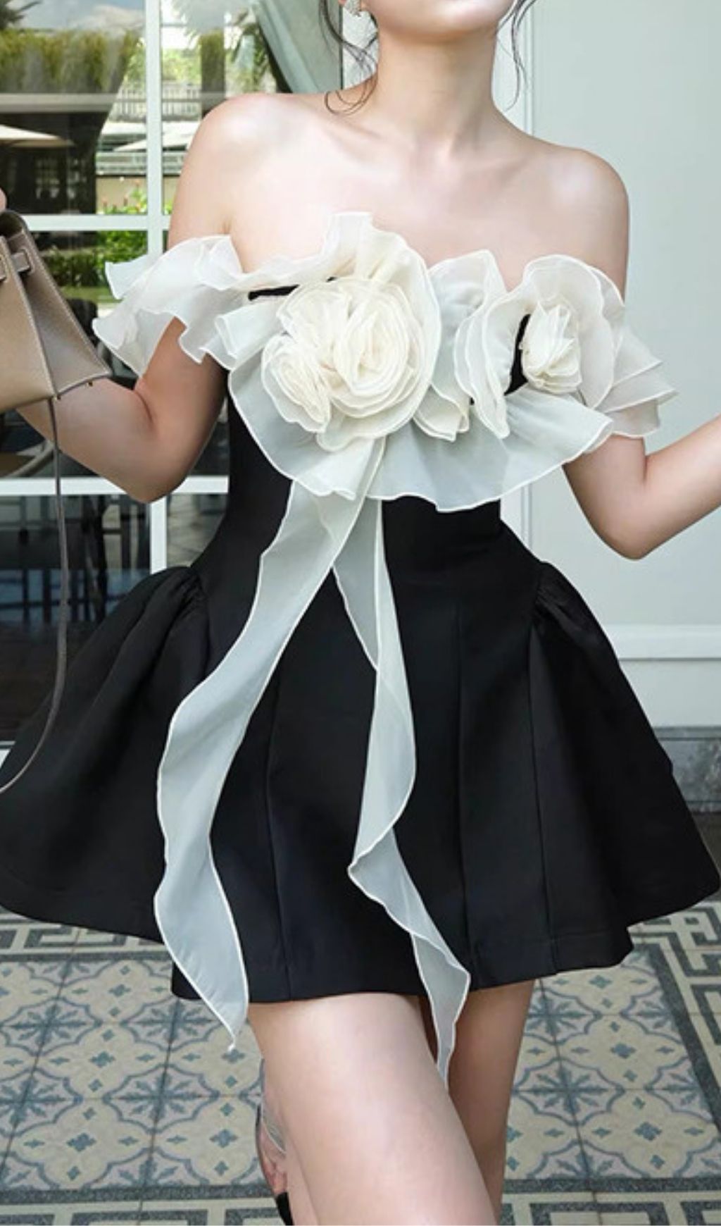 Keara Chic Black Off-Shoulder Floral Ruffle Mini Dress