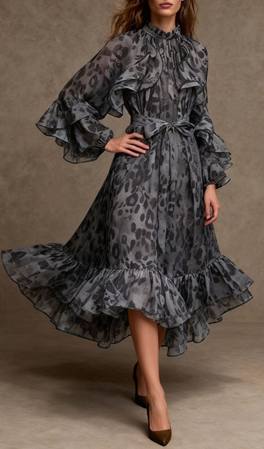 Chic Orange Leopard Ruffle Midi Dress | Long Sleeve Statement Style