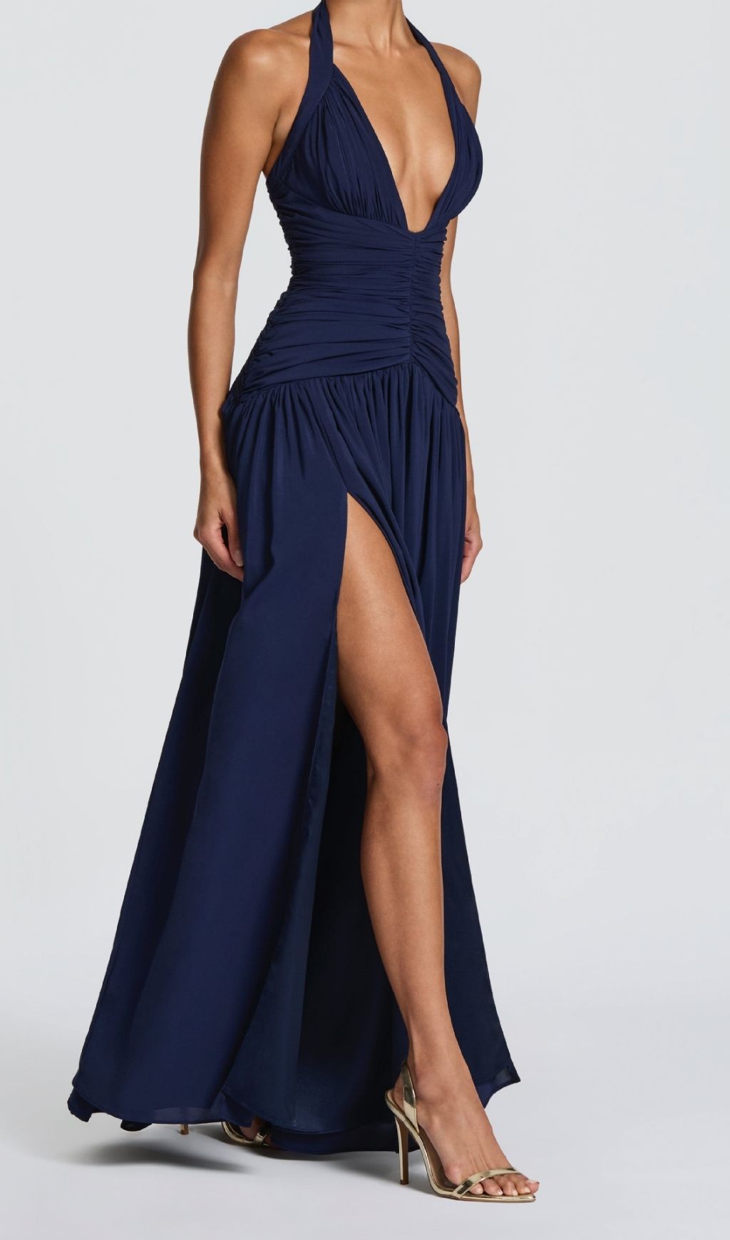 Kelley Navy Halter Ruched Maxi Dress with High Slit | Elegant Formal Gown