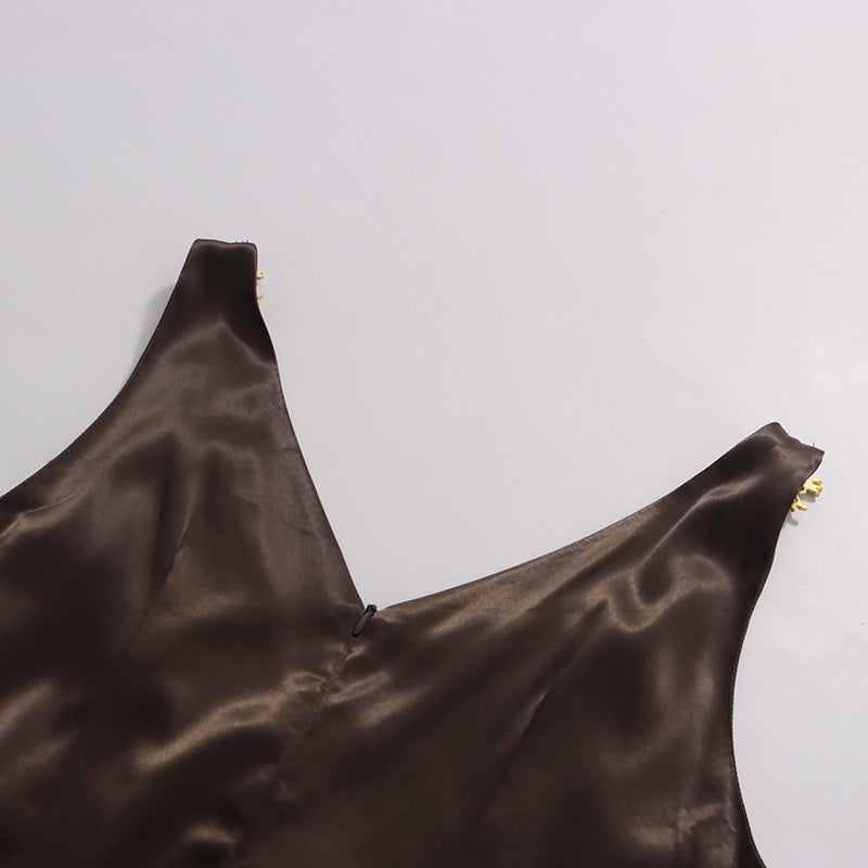 Jase Luxe Brown Satin V-Neck Maxi Gown with Embellished Straps