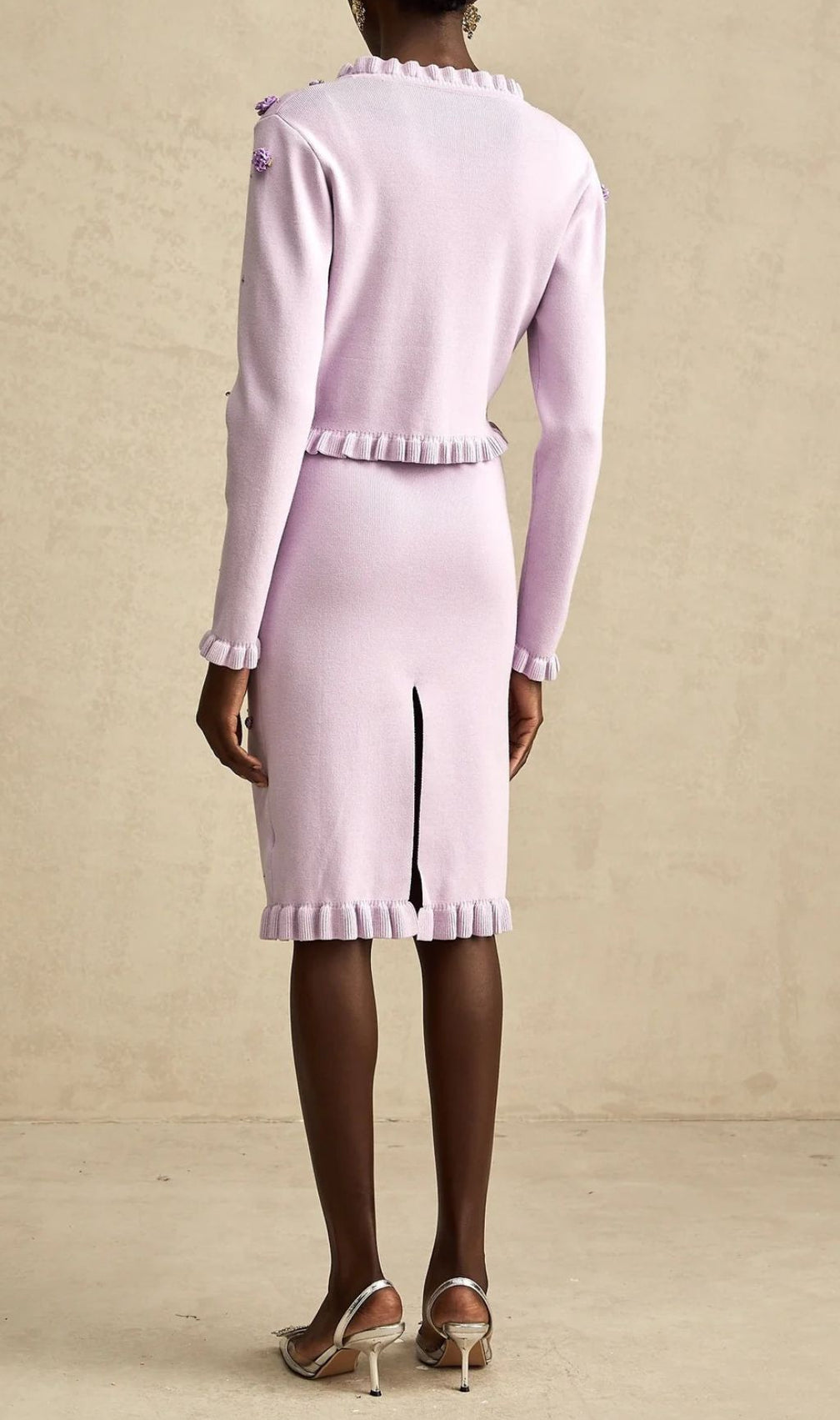 Romantic Lilac Floral Appliqué Knit Cardigan & Midi Dress Set