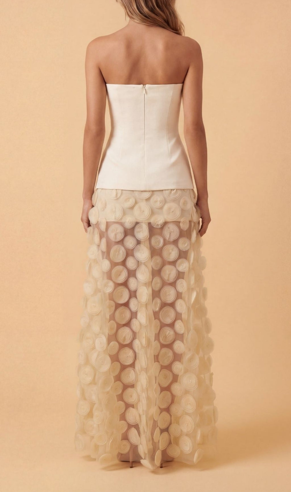 Keala Apricot Strapless Mesh Maxi Dress | Ethereal 3D Textured Gown