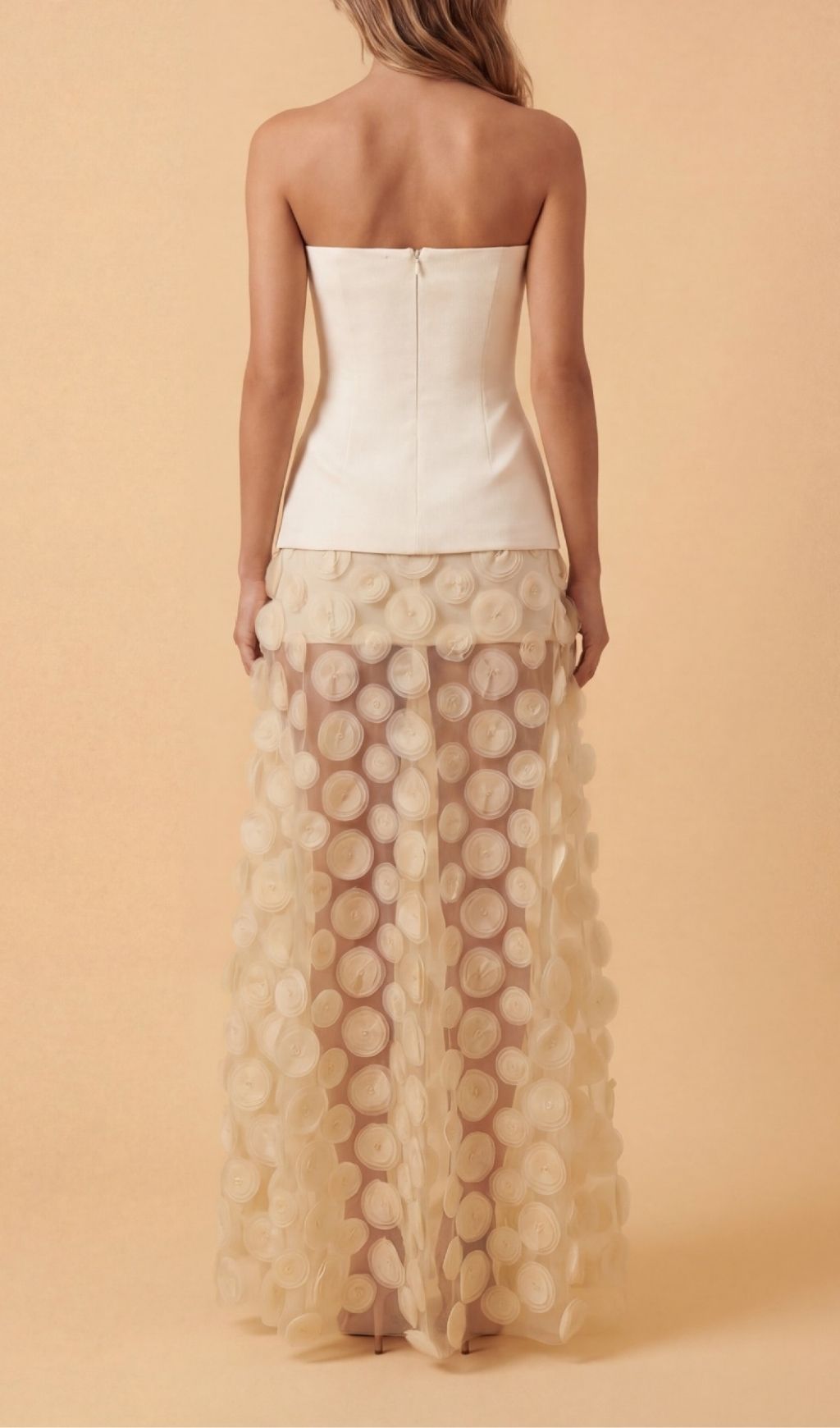 Keala Apricot Strapless Mesh Maxi Dress | Ethereal 3D Textured Gown