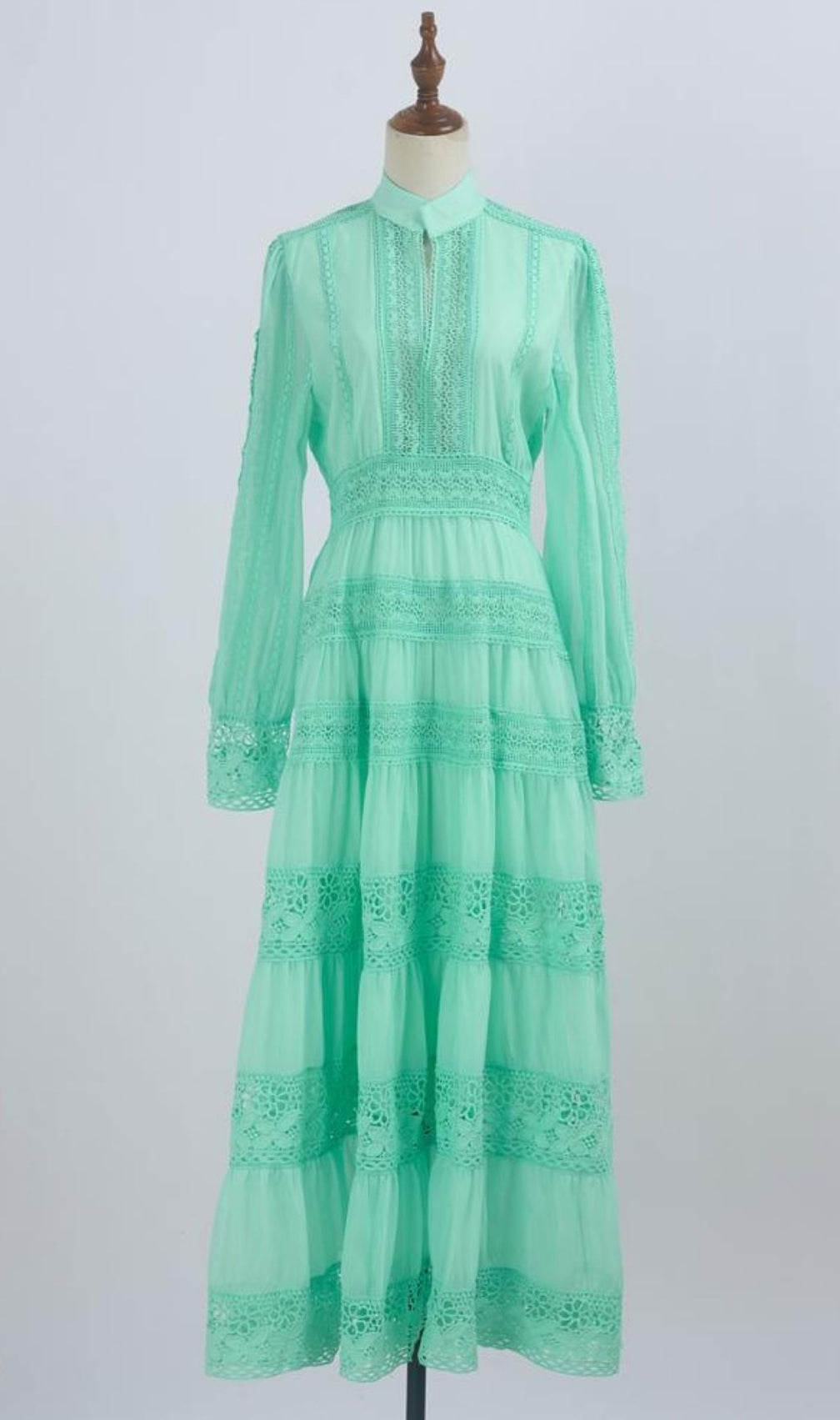 Kamara Ethereal Mint Green Lace Maxi Dress - Long Sleeve Tiered Gown