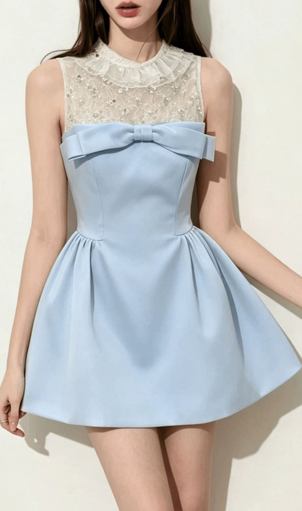 Kimiyo Sky Blue Sequin Lace Ruffle Bow Mini Dress - Elegant & Flirty