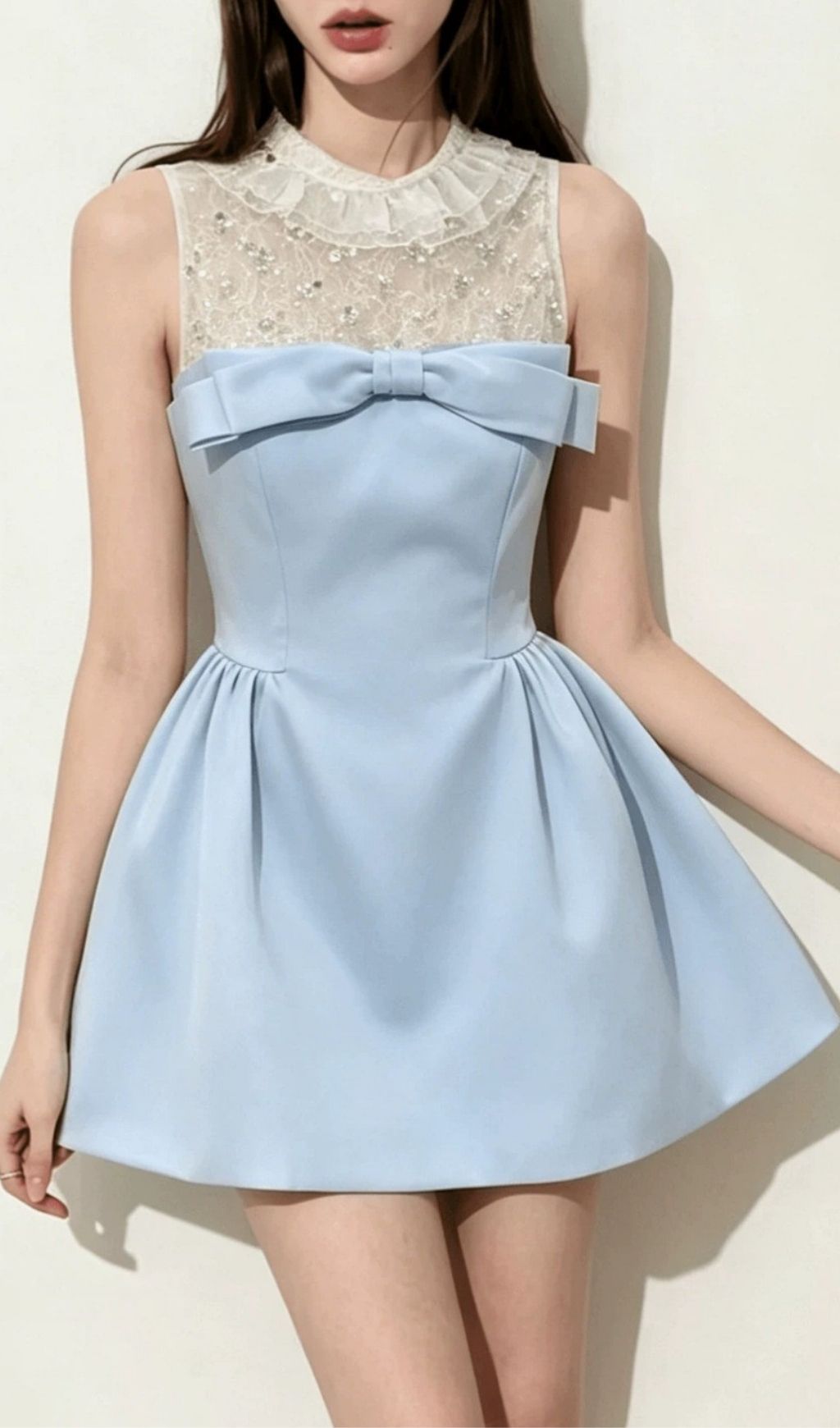 Kimiyo Sky Blue Sequin Lace Ruffle Bow Mini Dress - Elegant & Flirty