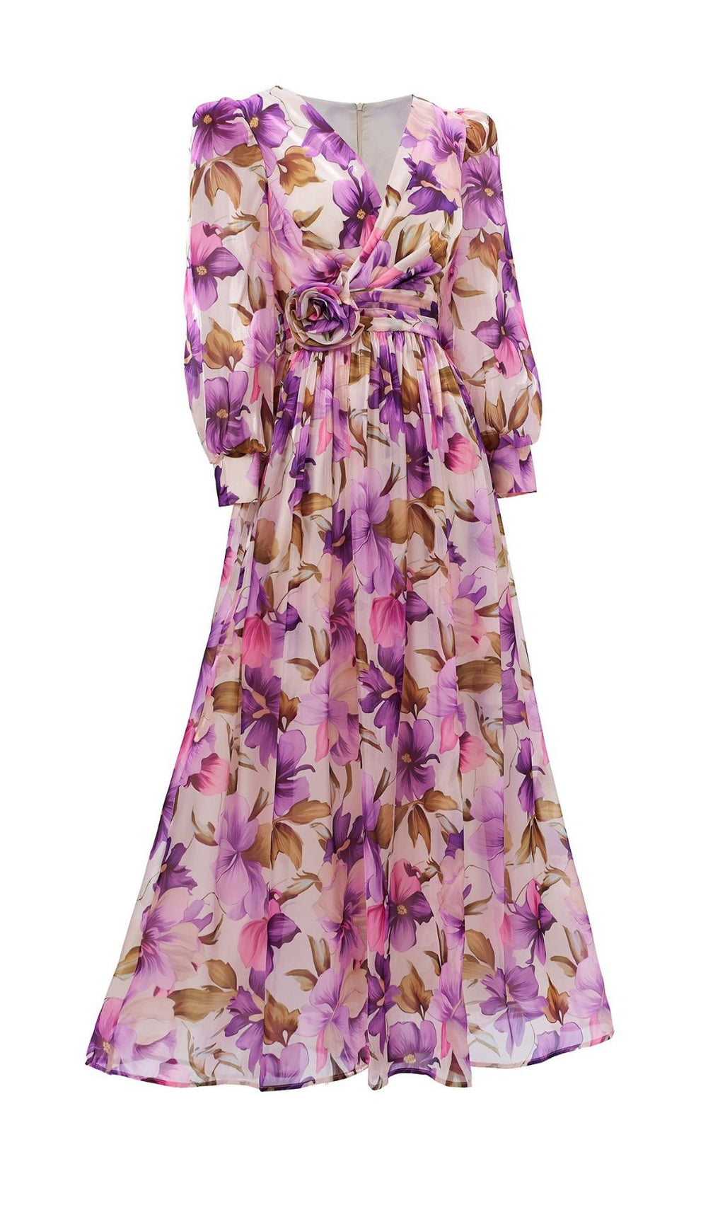 Ferial Purple Floral Printed Long Sleeve Maxi Dress