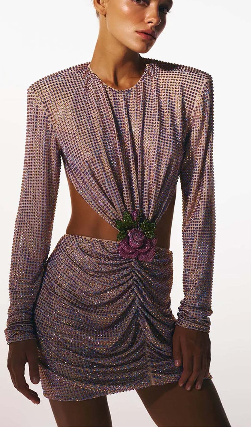 Long-Sleeve Crew Neck Glitter Mini Dress In Mahogany Wood