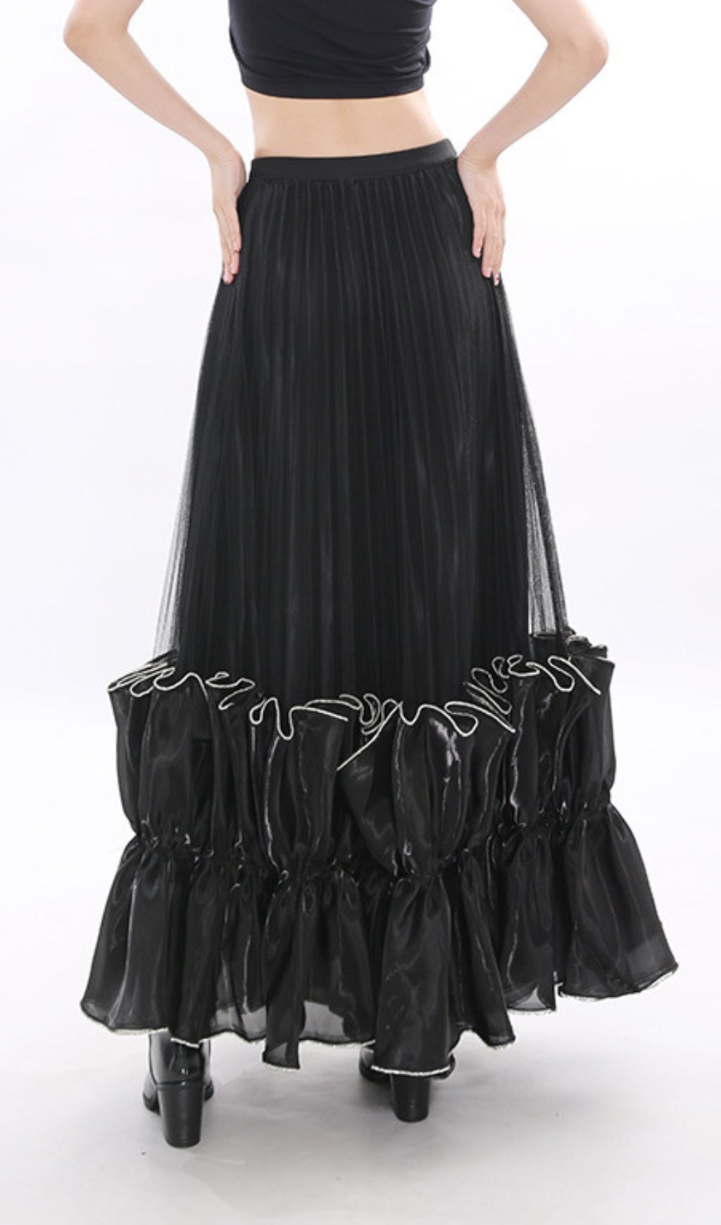 Jettie Black Sheer Mesh Maxi Skirt with Dramatic Ruffles