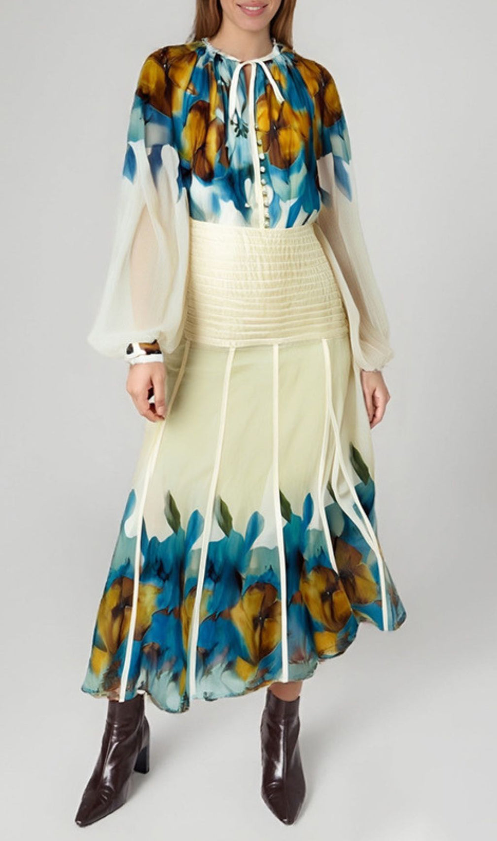 Gerda Flower Printed Long Sleeve Shirt & Skirt Set