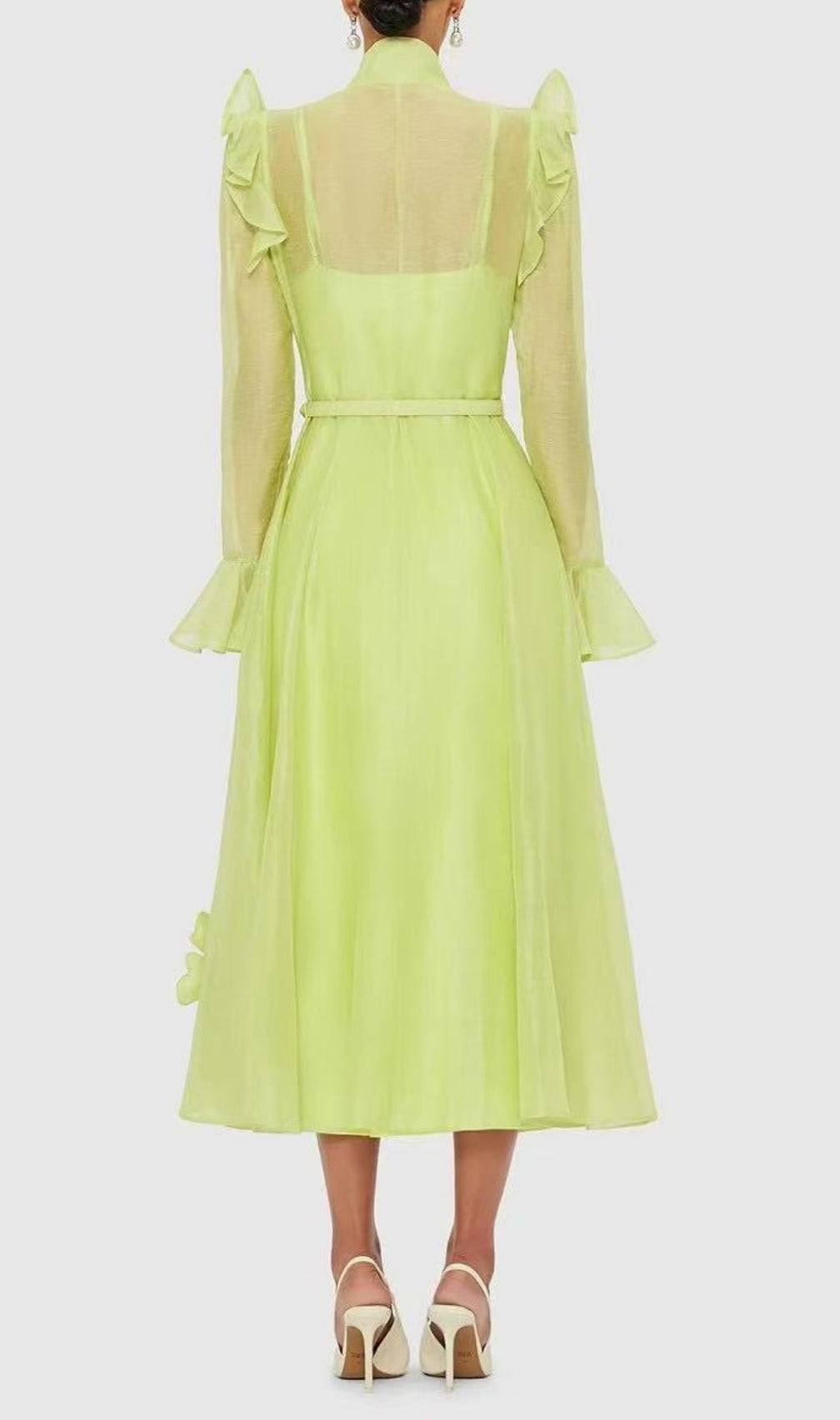 Elula Green Long Sleeve Flower Midi Dress
