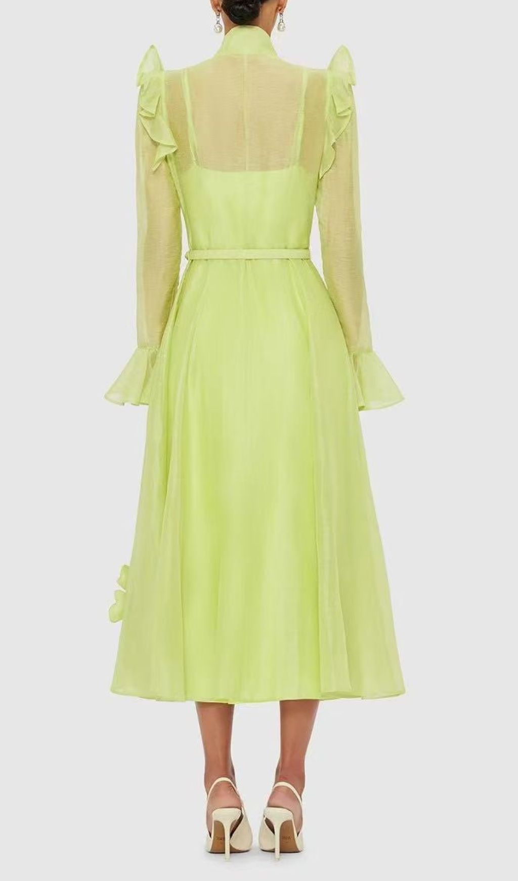 Elula Green Long Sleeve Flower Midi Dress