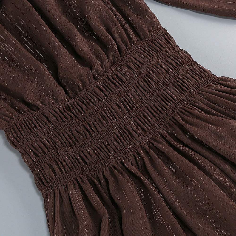 Tiffany Brown Off-shoulder Maxi Dress with Ruched Trim