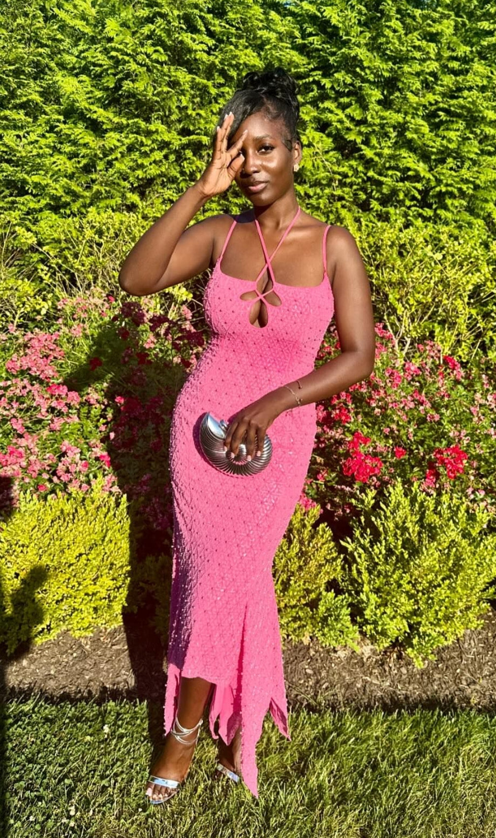 Bakwina Pink Pearl Sequin Lace Up Maxi Dress