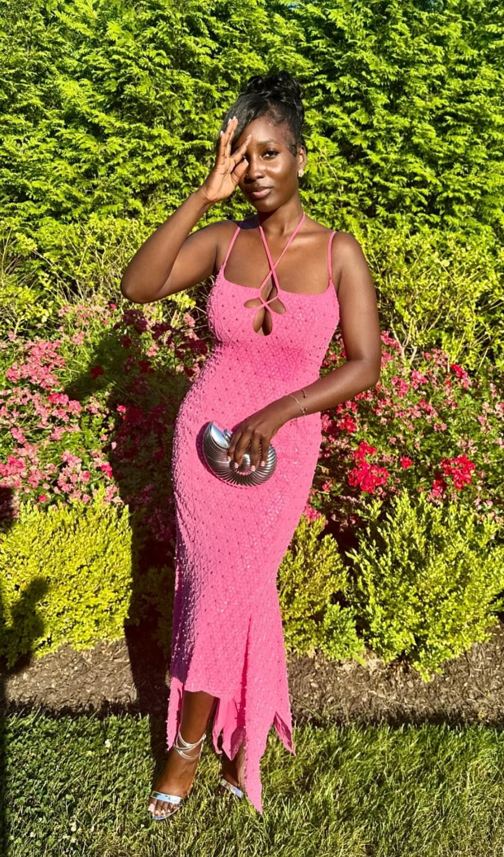 Bakwina Pink Pearl Sequin Lace Up Maxi Dress