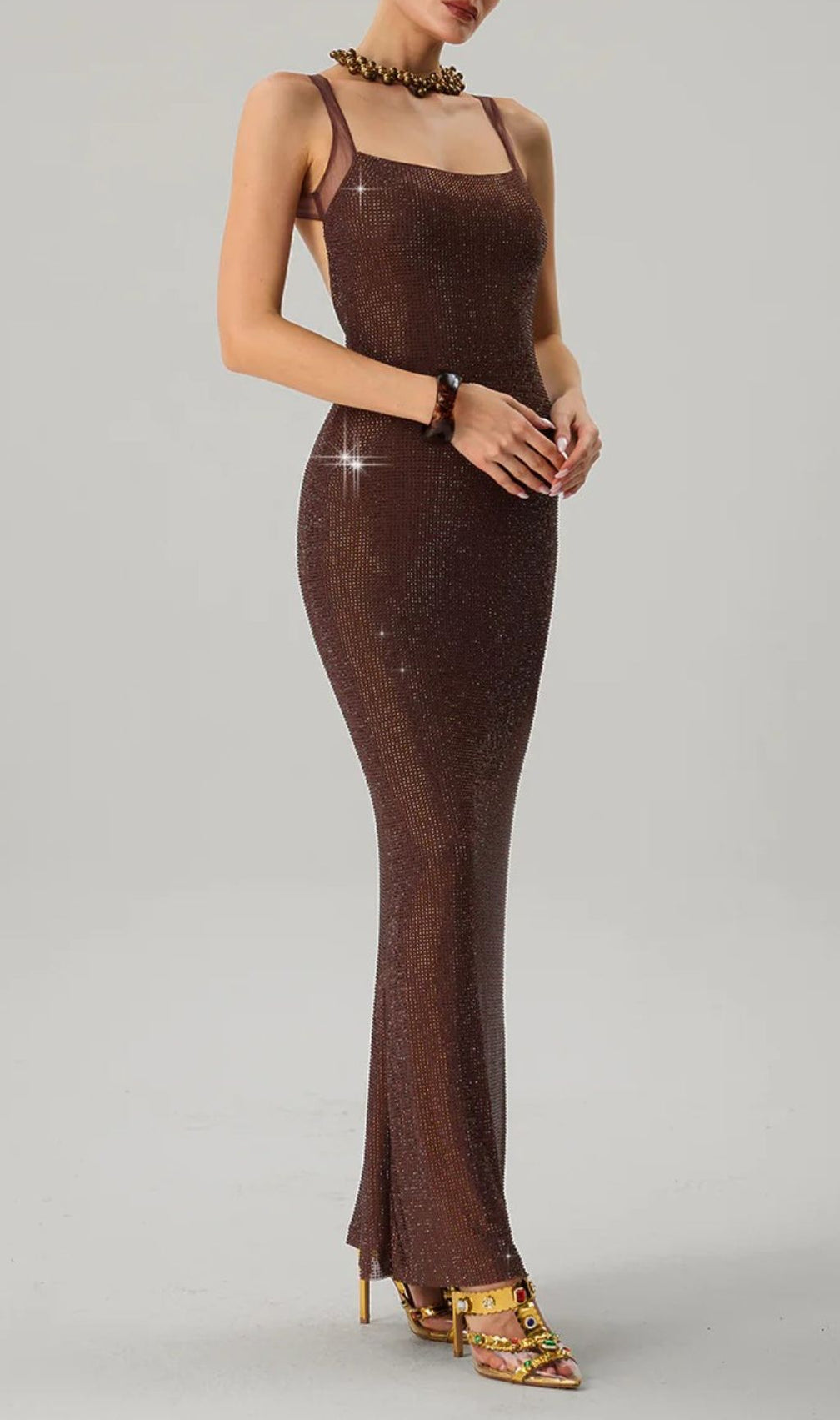 Dazzling Brown Backless Rhinestone Maxi Dress | Glamorous Evening Wear