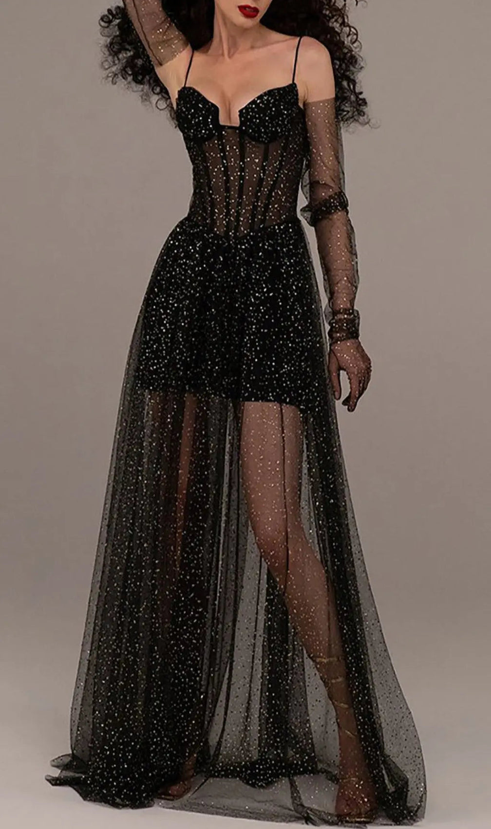 Strappy Draped Rhinestone Tulle Corset Maxi Dress In Black