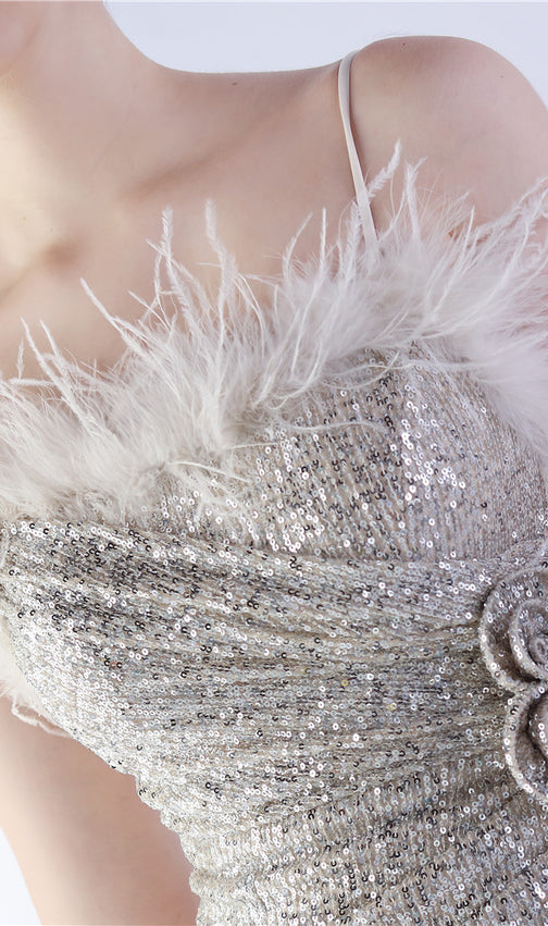 Chroma Silver Sequin Flower Feather Maxi Dress