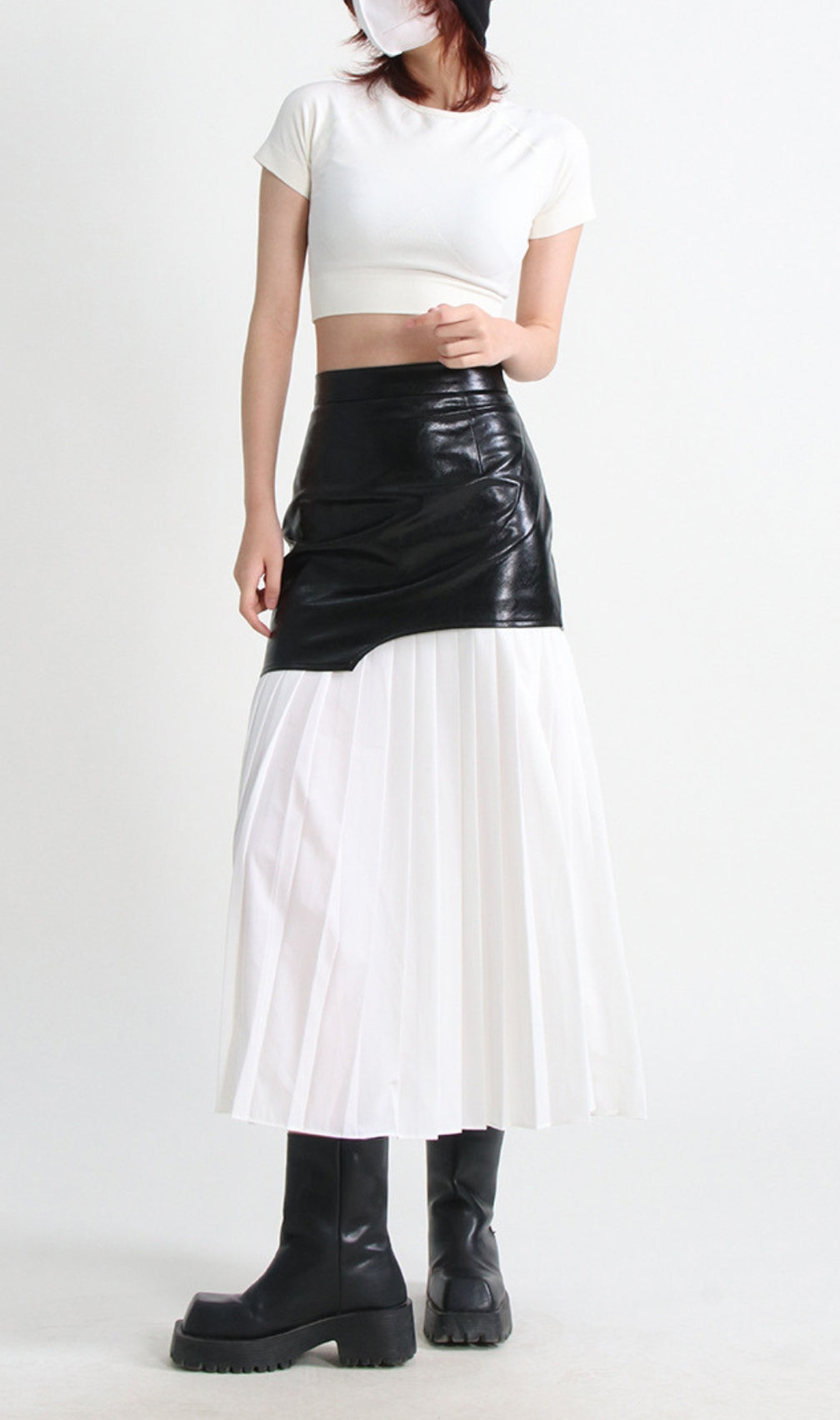 Evgeniy White Leather Pleated Midi Skirt