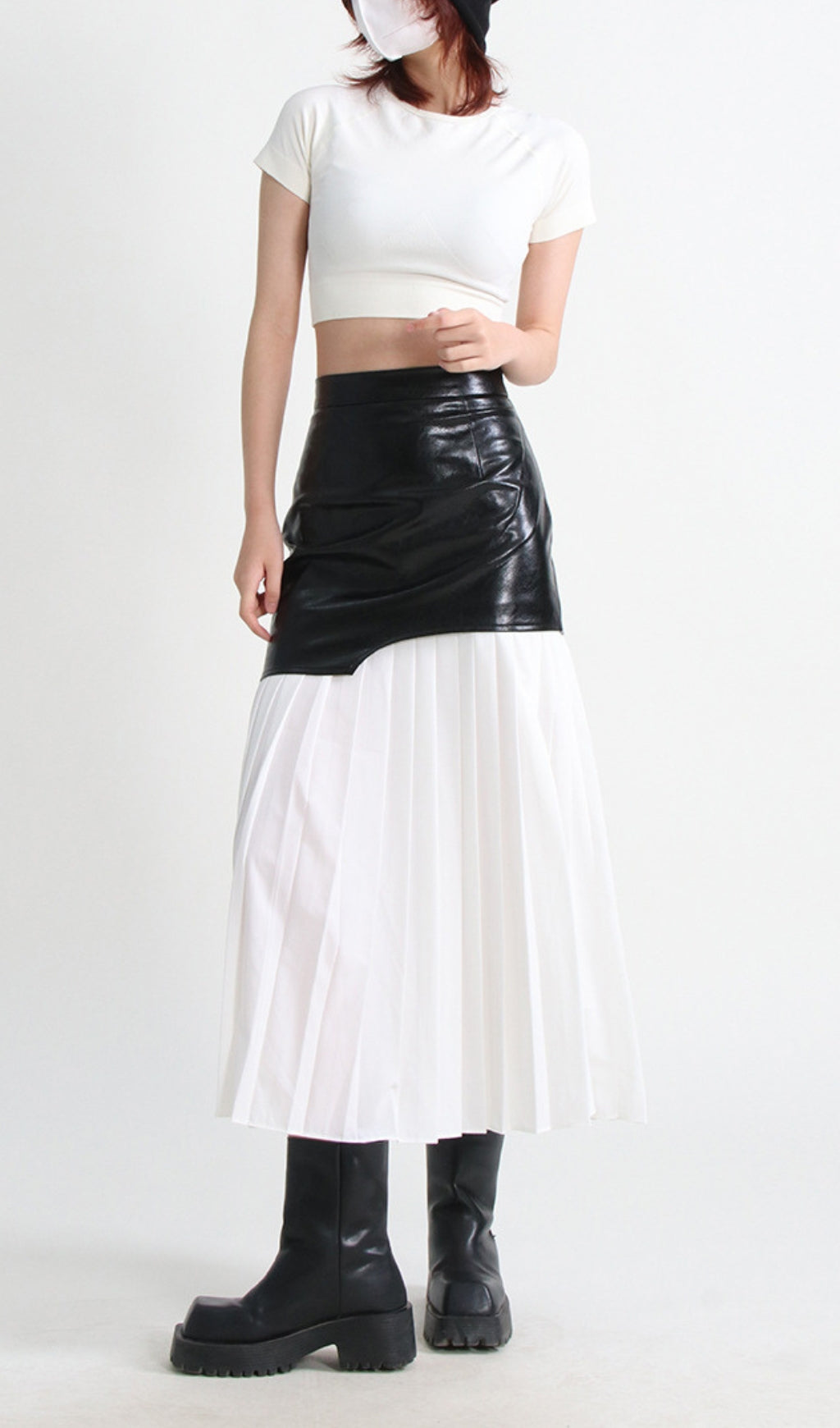 Evgeniy White Leather Pleated Midi Skirt