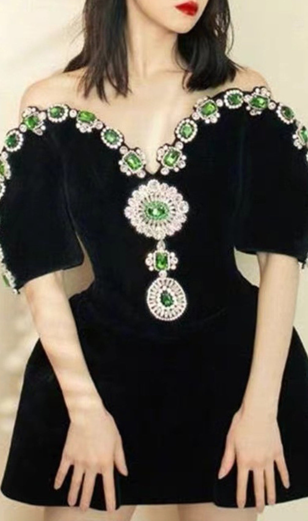 Dottie Black Off-Shoulder Rhinestone Mini Dress