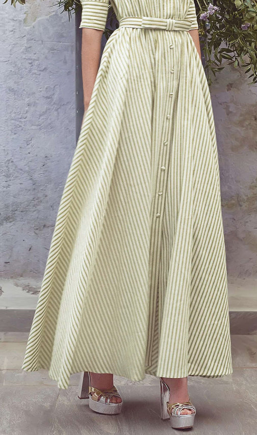 Effortless Chic: Green & White Striped Belted Maxi Shirt Dress for Women