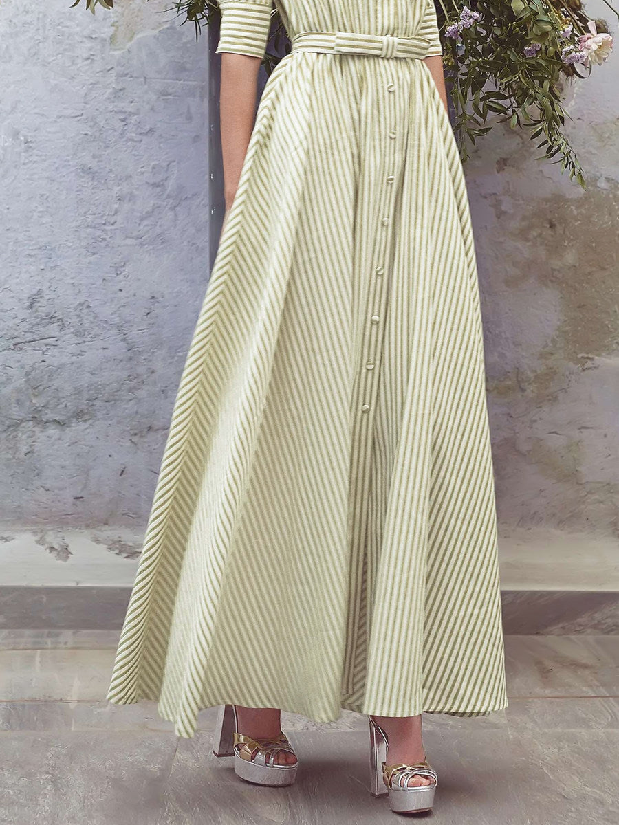 Effortless Chic: Green & White Striped Belted Maxi Shirt Dress for Women
