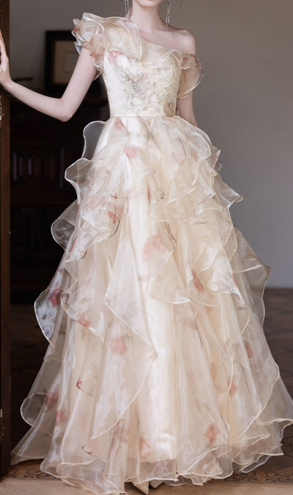 Keelty Opulent One-Shoulder Ruffle Maxi Gown - Enchanting Floral Elegance