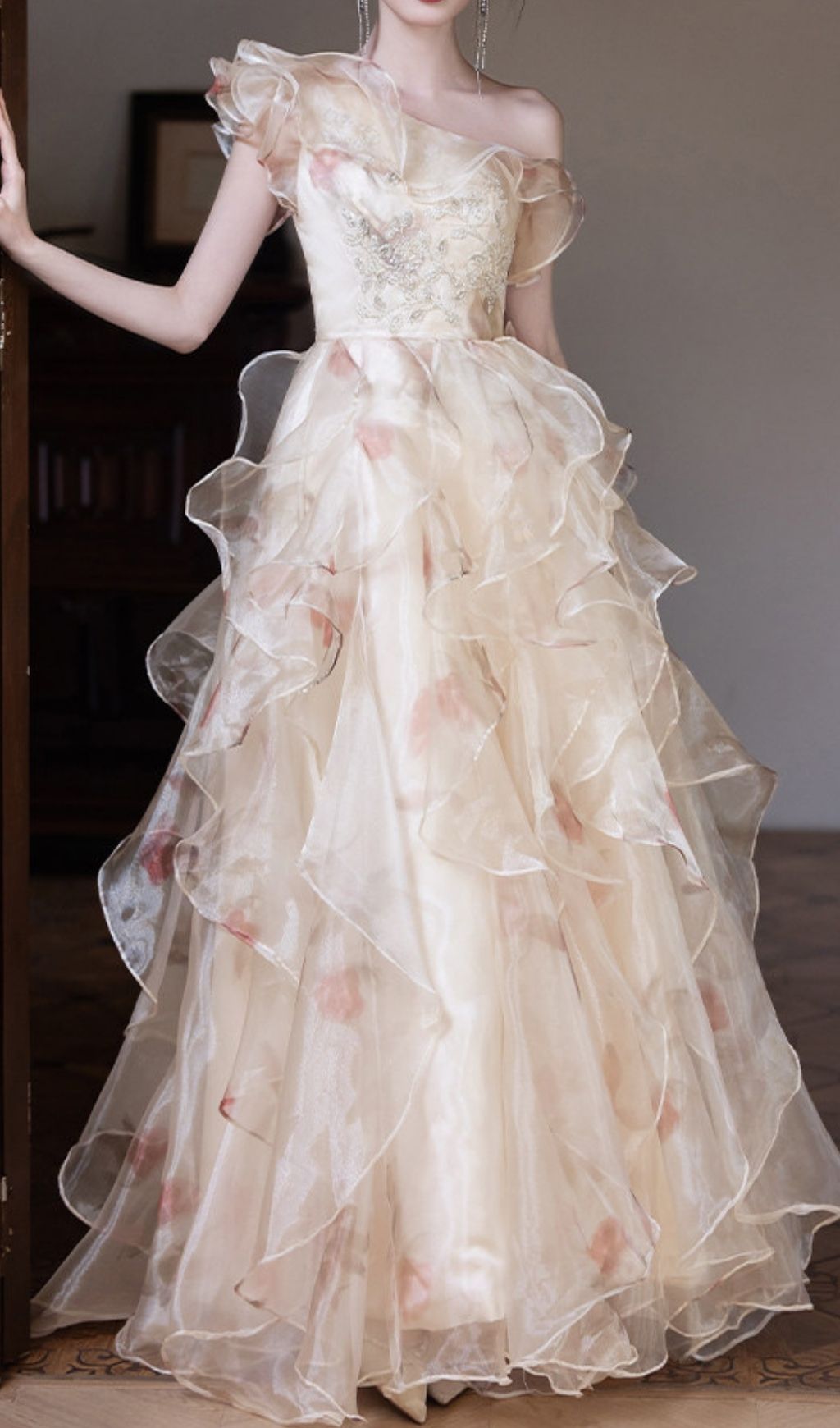 Keelty Opulent One-Shoulder Ruffle Maxi Gown - Enchanting Floral Elegance