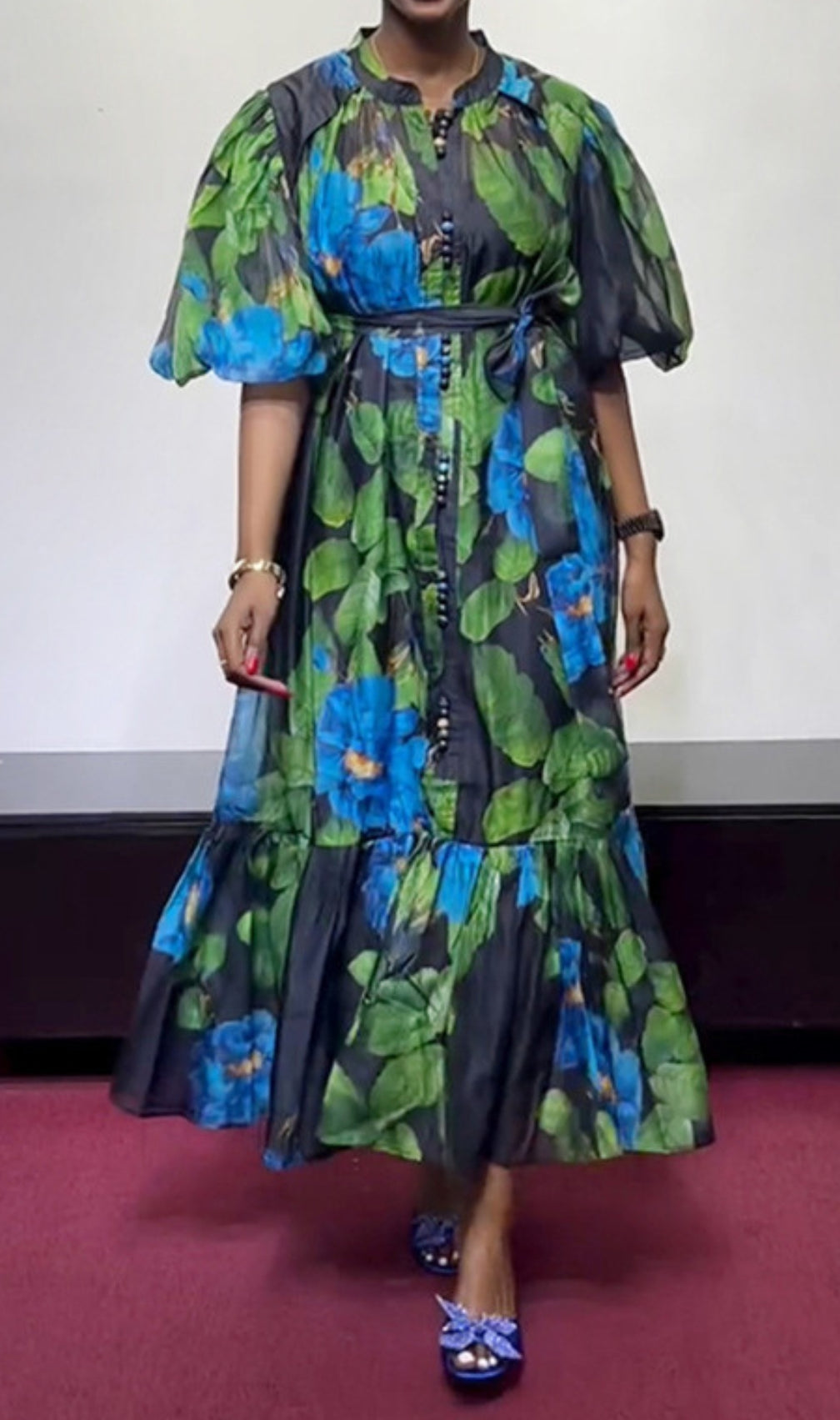 Drosera Printed Puff-Sleeve Midi Dress