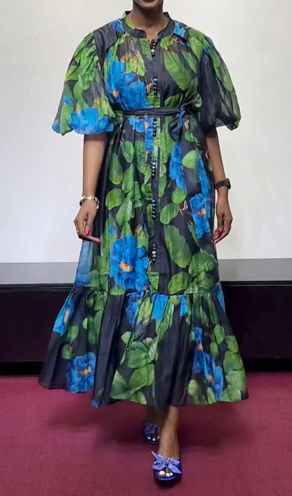 Drosera Printed Puff-Sleeve Midi Dress