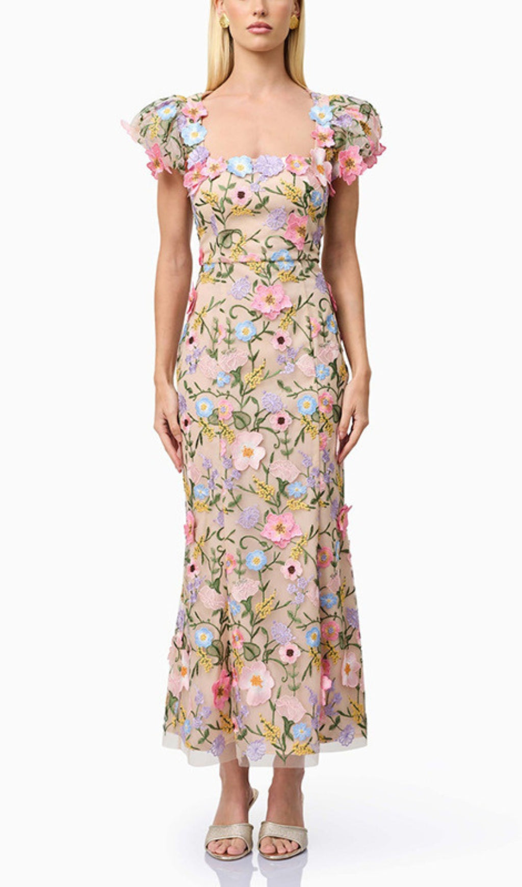 Elvio Flower Embroidery Midi Dress