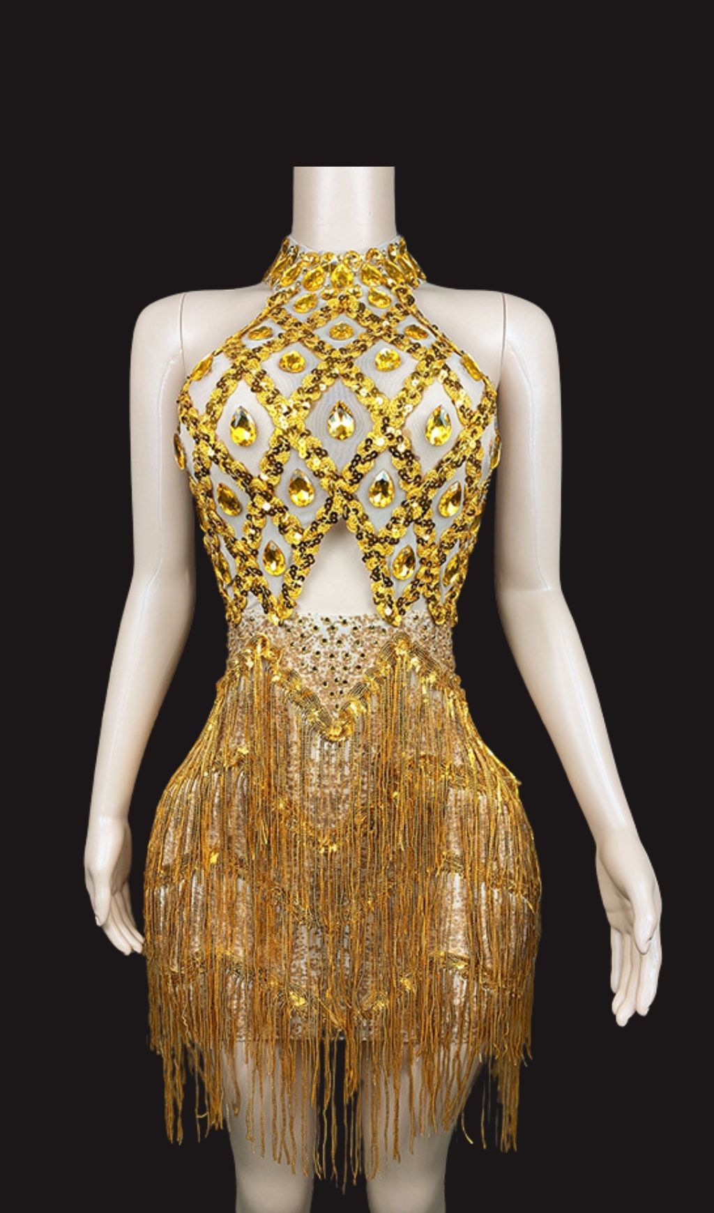 Elmarie Dazzling Gold Fringe Sequin Backless Halter Mini Dress