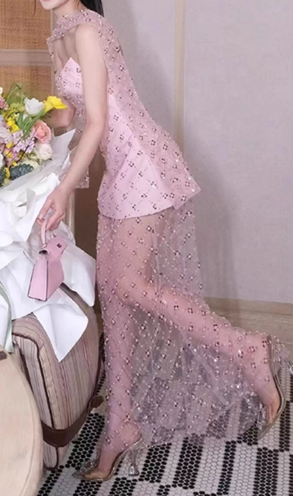 Eckhard Pink Strapless Sequin Maxi Dress With Scarf