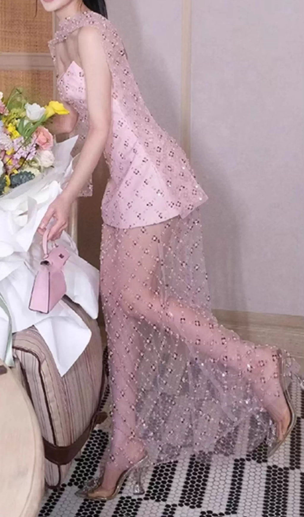 Eckhard Pink Strapless Sequin Maxi Dress With Scarf