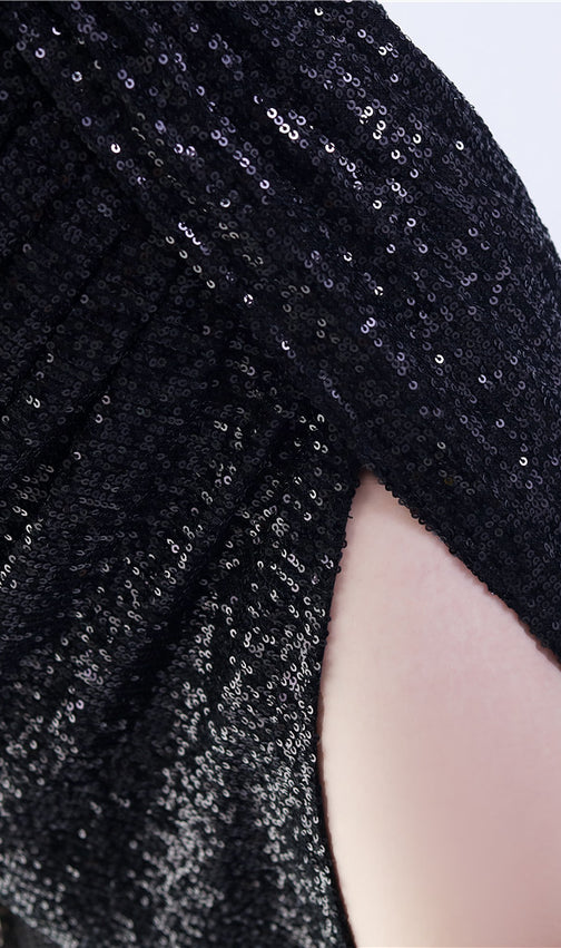 Chroma Black Sequin Flower Feather Maxi Dress