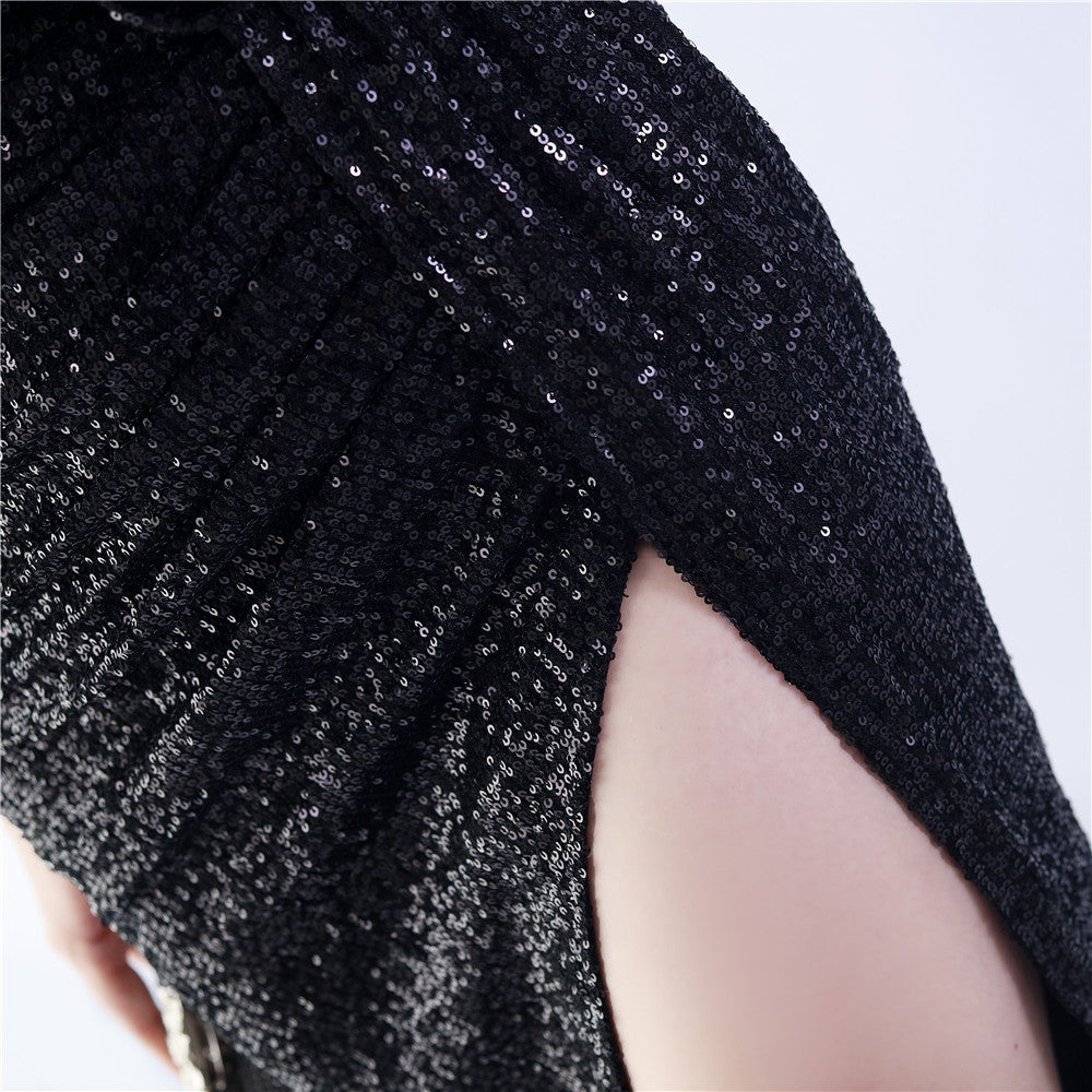 Chroma Black Sequin Flower Feather Maxi Dress