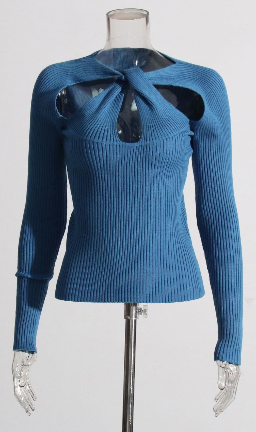 Ilana Chic Emerald Ribbed Knit Long Sleeve Top with Knot Cutout Detail