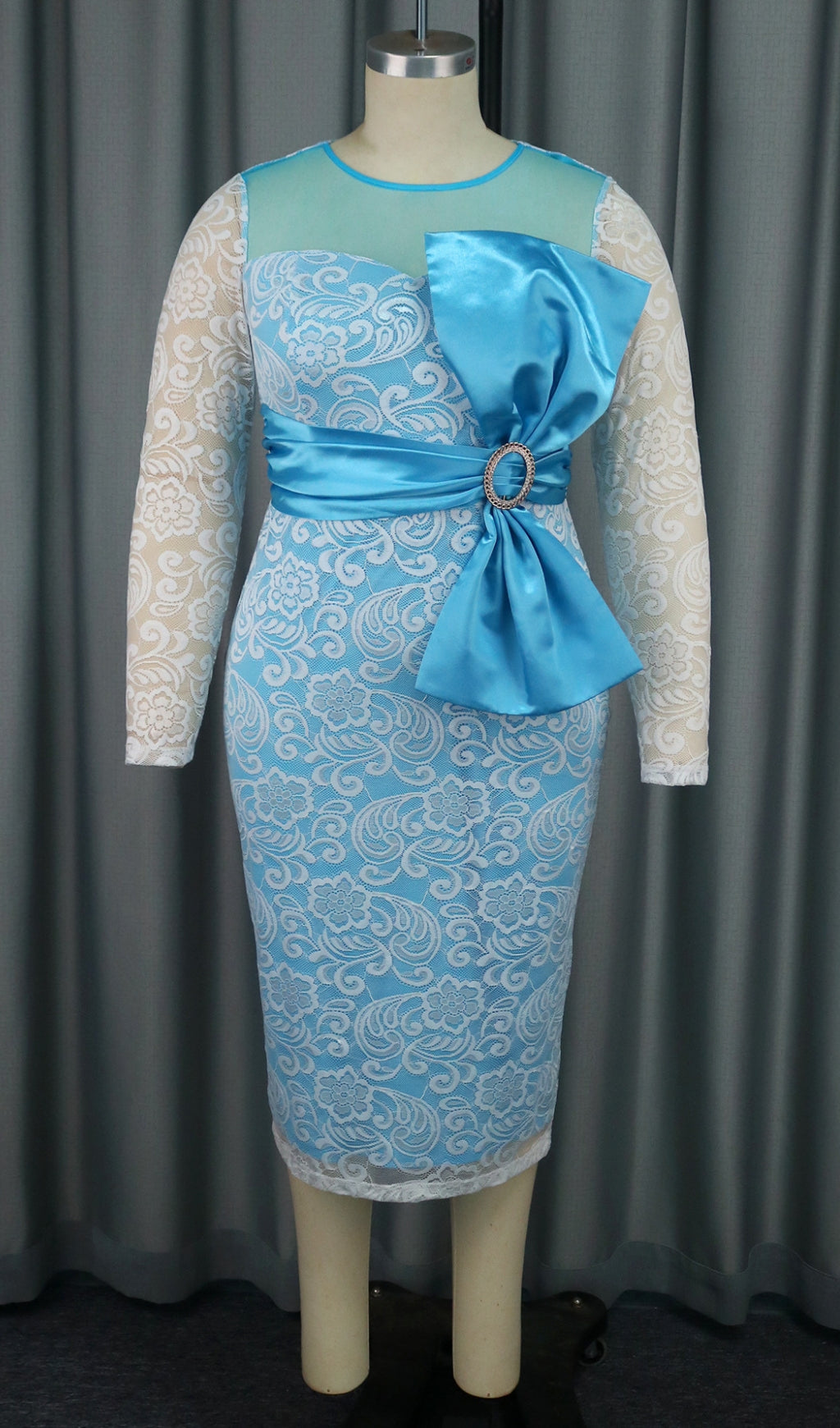 Baila Blue Bow Lace Long Sleeve Midi Dress