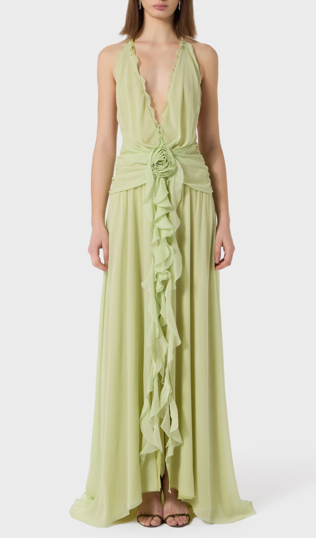 Florine Green Halter Flower Ruffle Maxi Dress