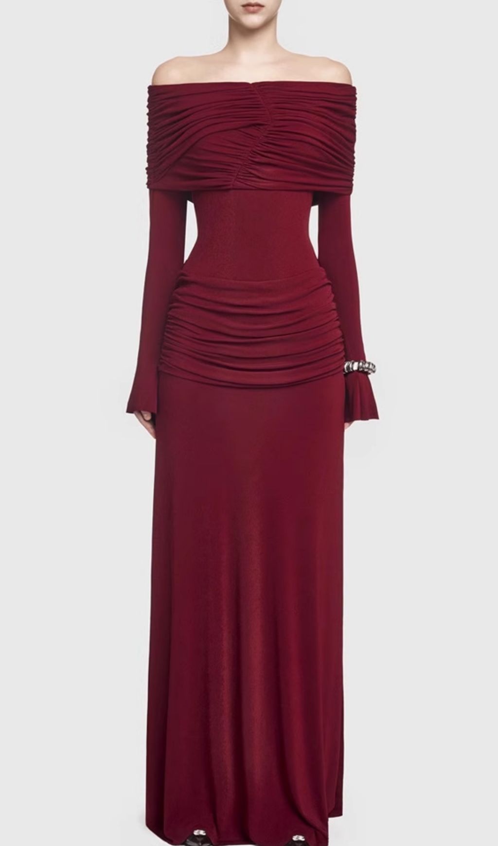 Gala Wine Off-Shoulder Ruched Long Sleeve Maxi Dress