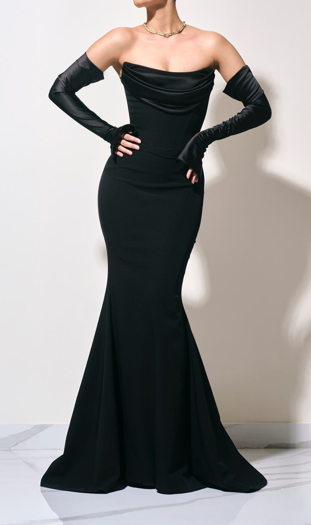 Deliz Black Long Sleeve Strapless Draped Maxi Dress