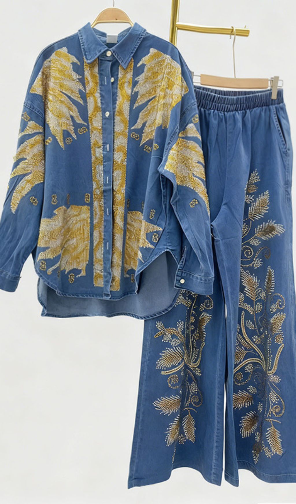 Jaclyn Embroidered Denim Two-Piece Set | Boho Wide-Leg Pants & Top