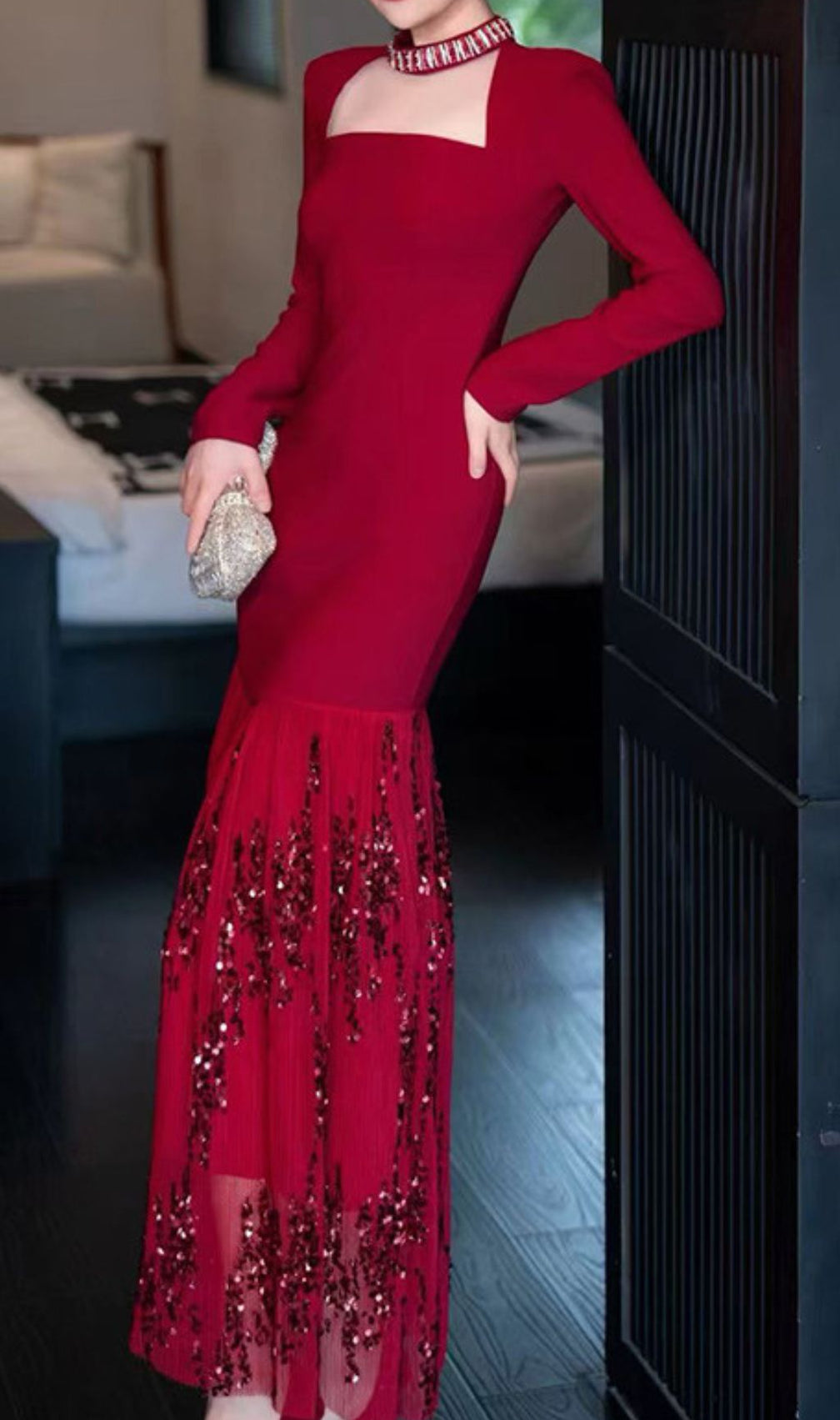 Ioana Glamorous Red Sequin Long Sleeve Maxi Dress - Elegant Square Neck Evening Gown