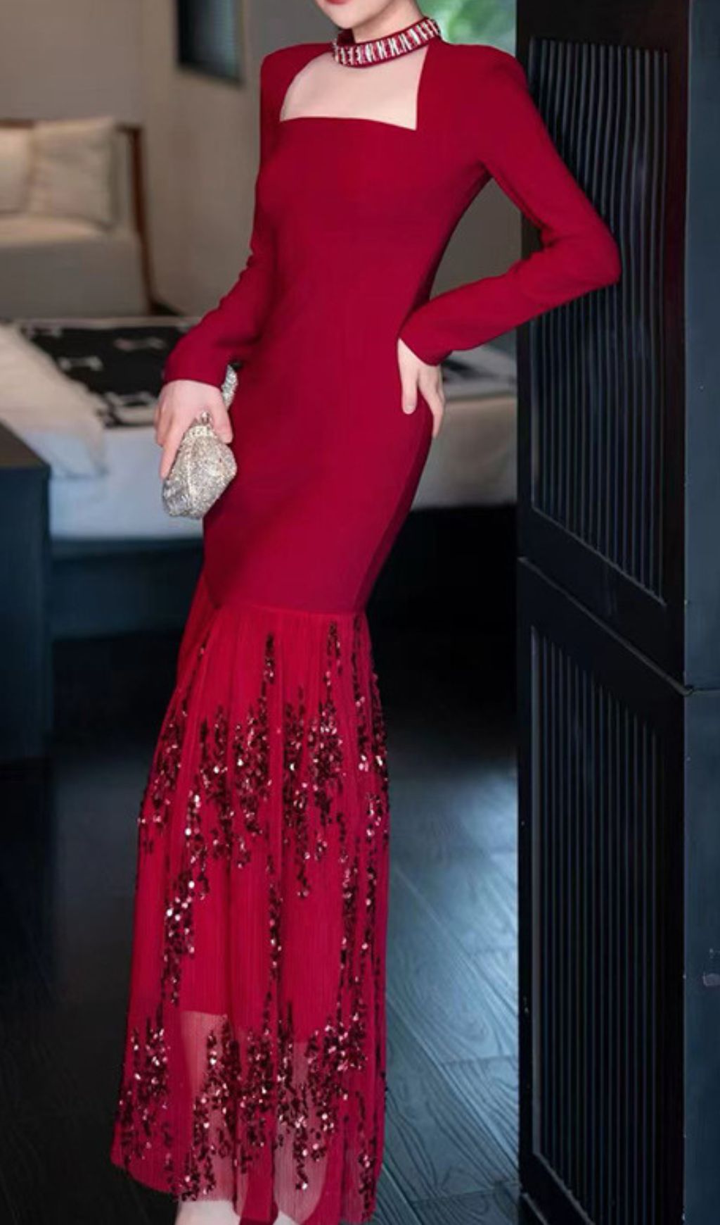 Ioana Glamorous Red Sequin Long Sleeve Maxi Dress - Elegant Square Neck Evening Gown
