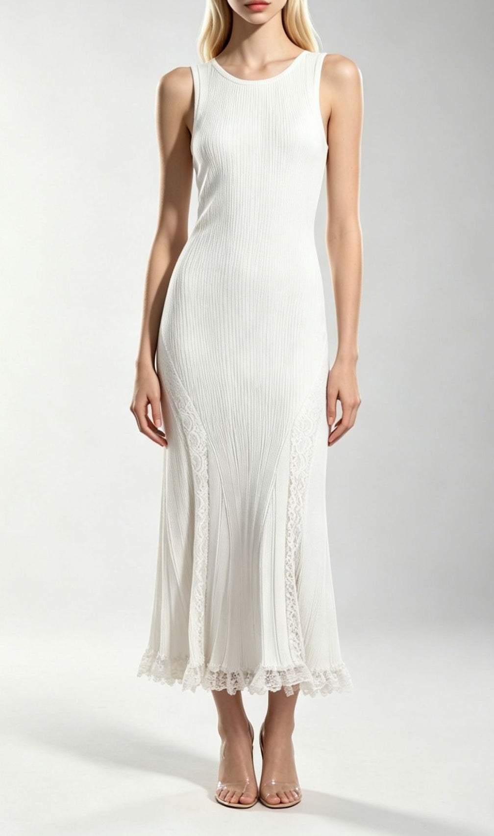 Kinzy White Sleeveless Lace Midi Dress
